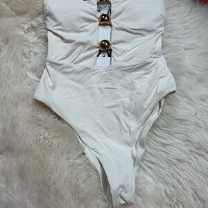Zara White One Piece Swimsuit with Gold Accents NEW